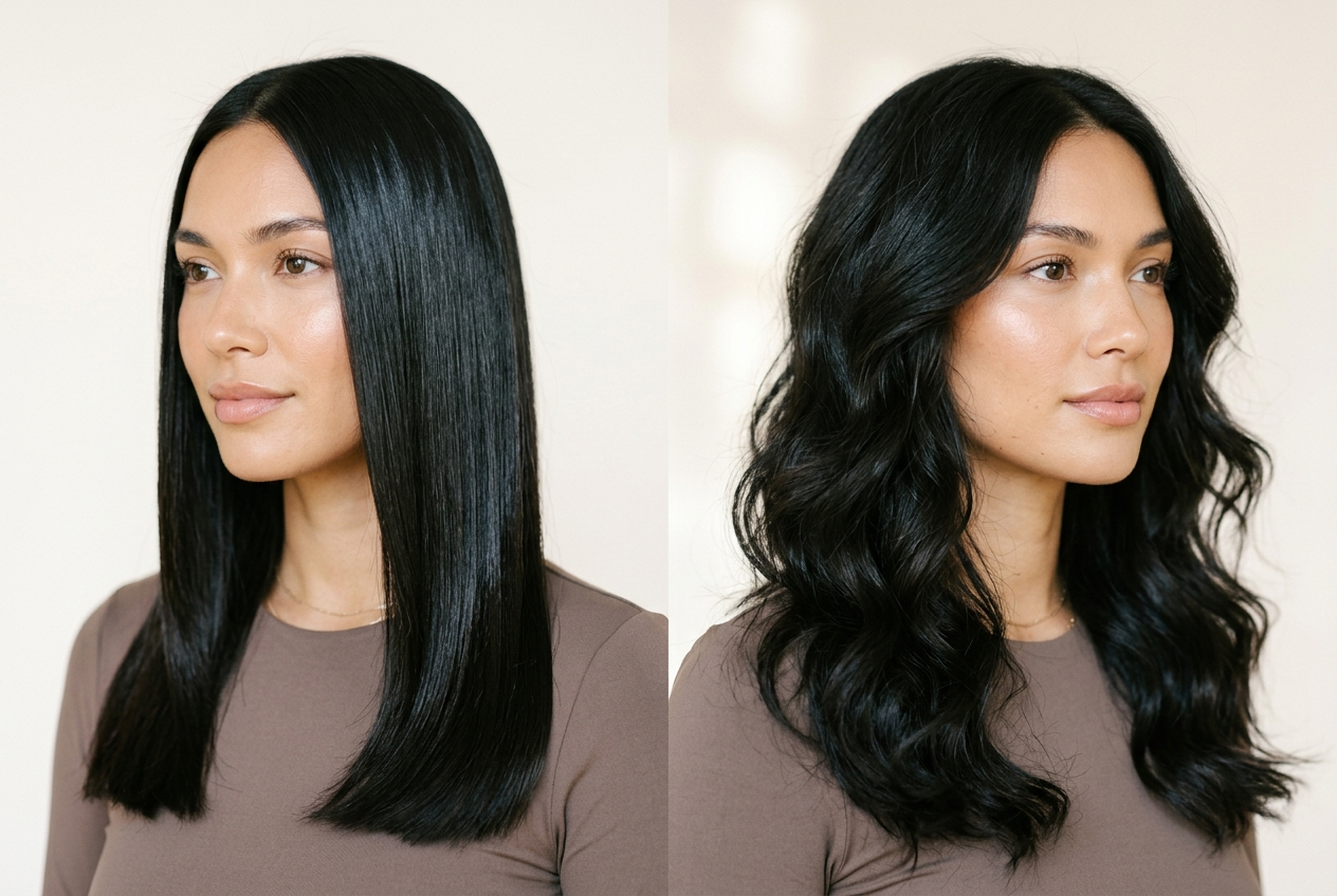 Straight hair and airy waves side by side