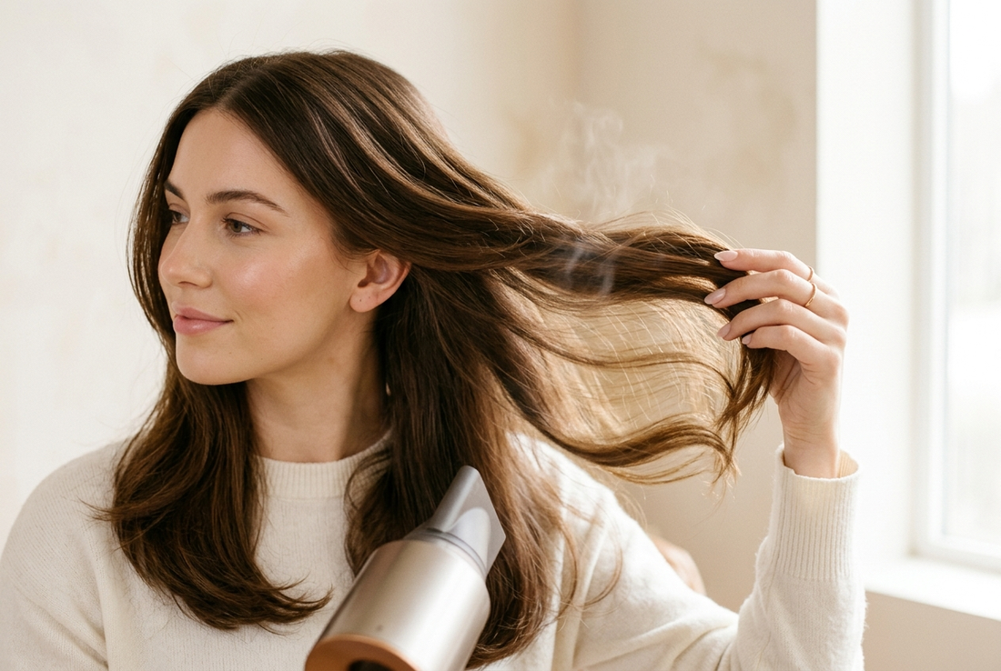 Close-up of hair being blow-dried with warm air