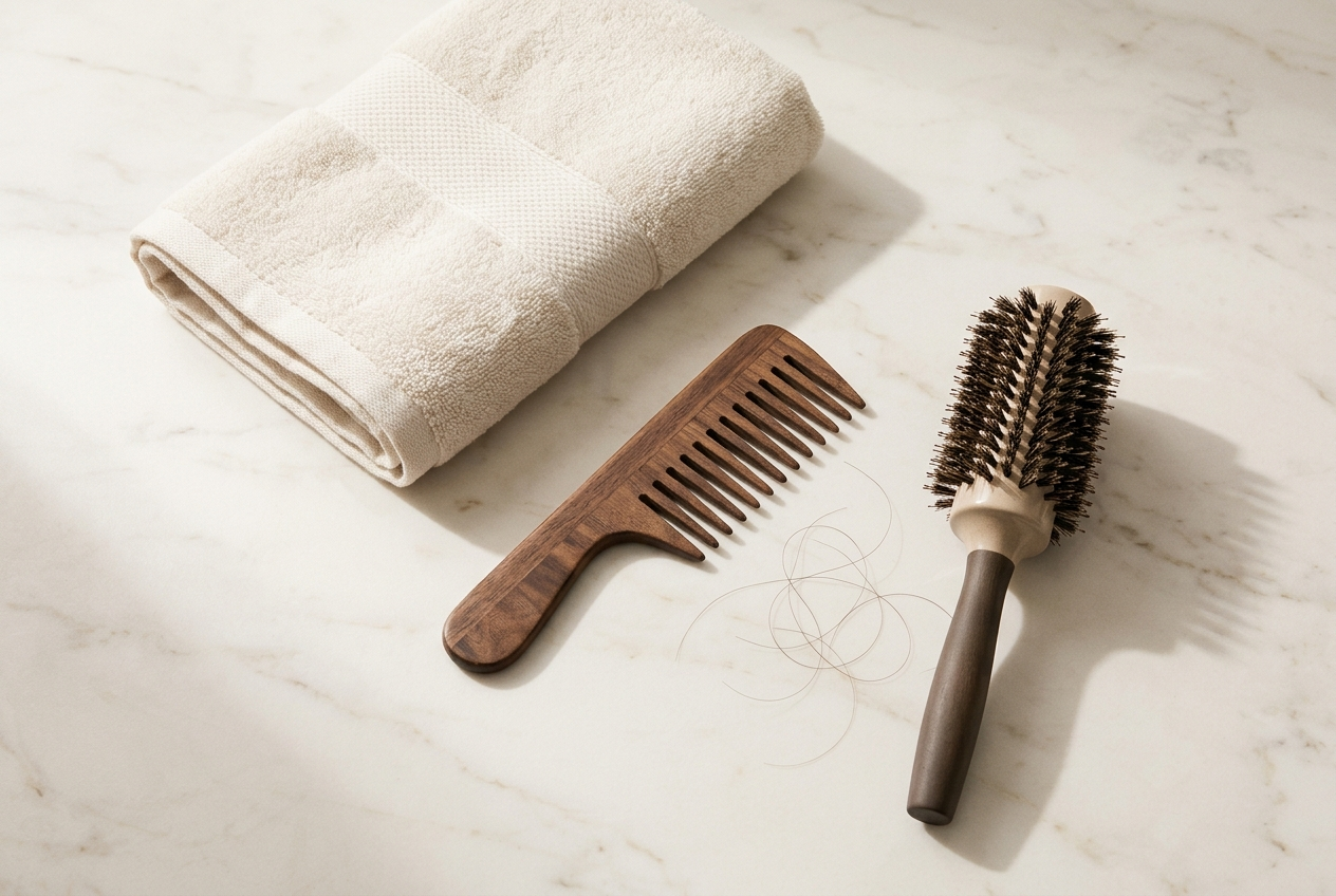 Flat lay with towel, comb and round brush
