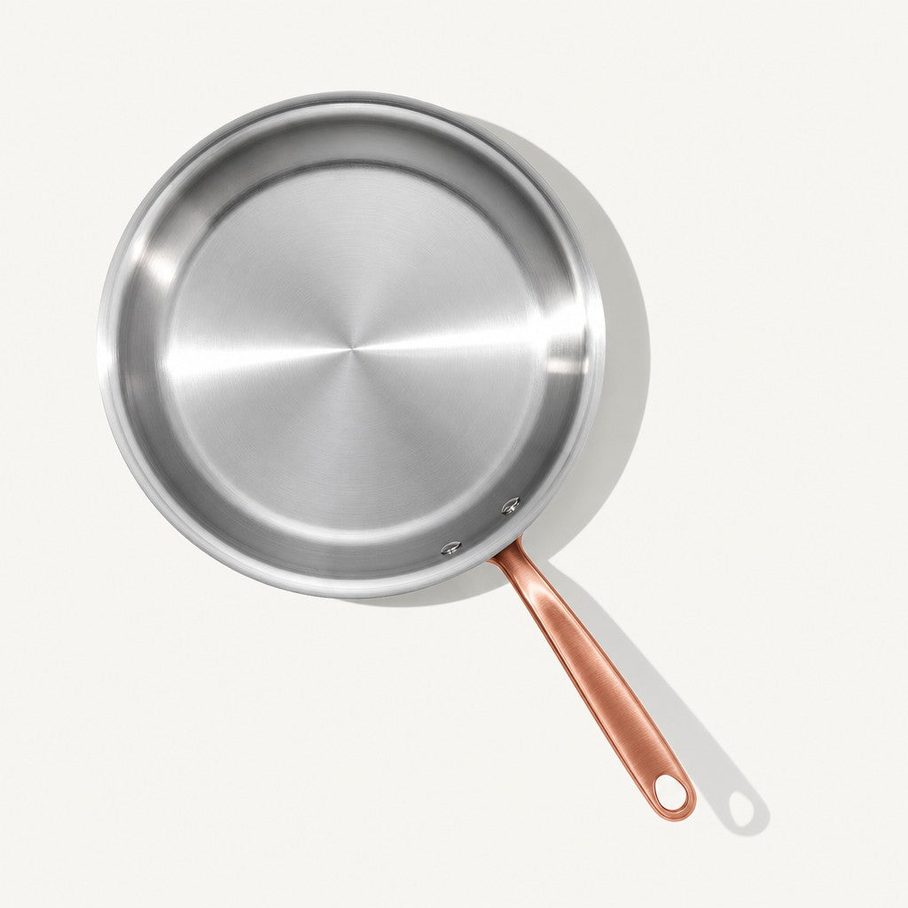 5-ply stainless steel frying pan, brushed copper handle