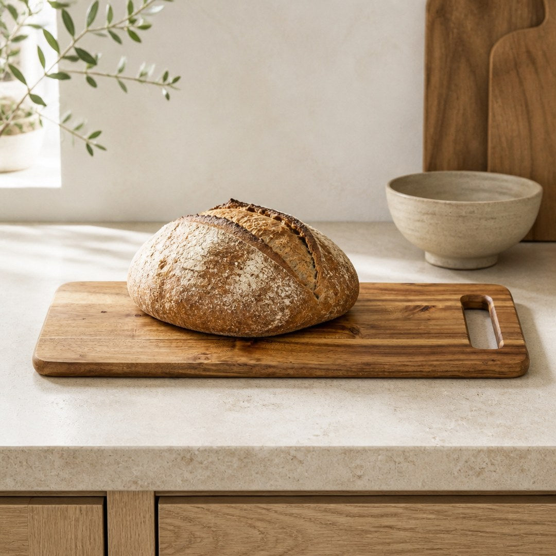 Acacia serving board with bread on a stone counter