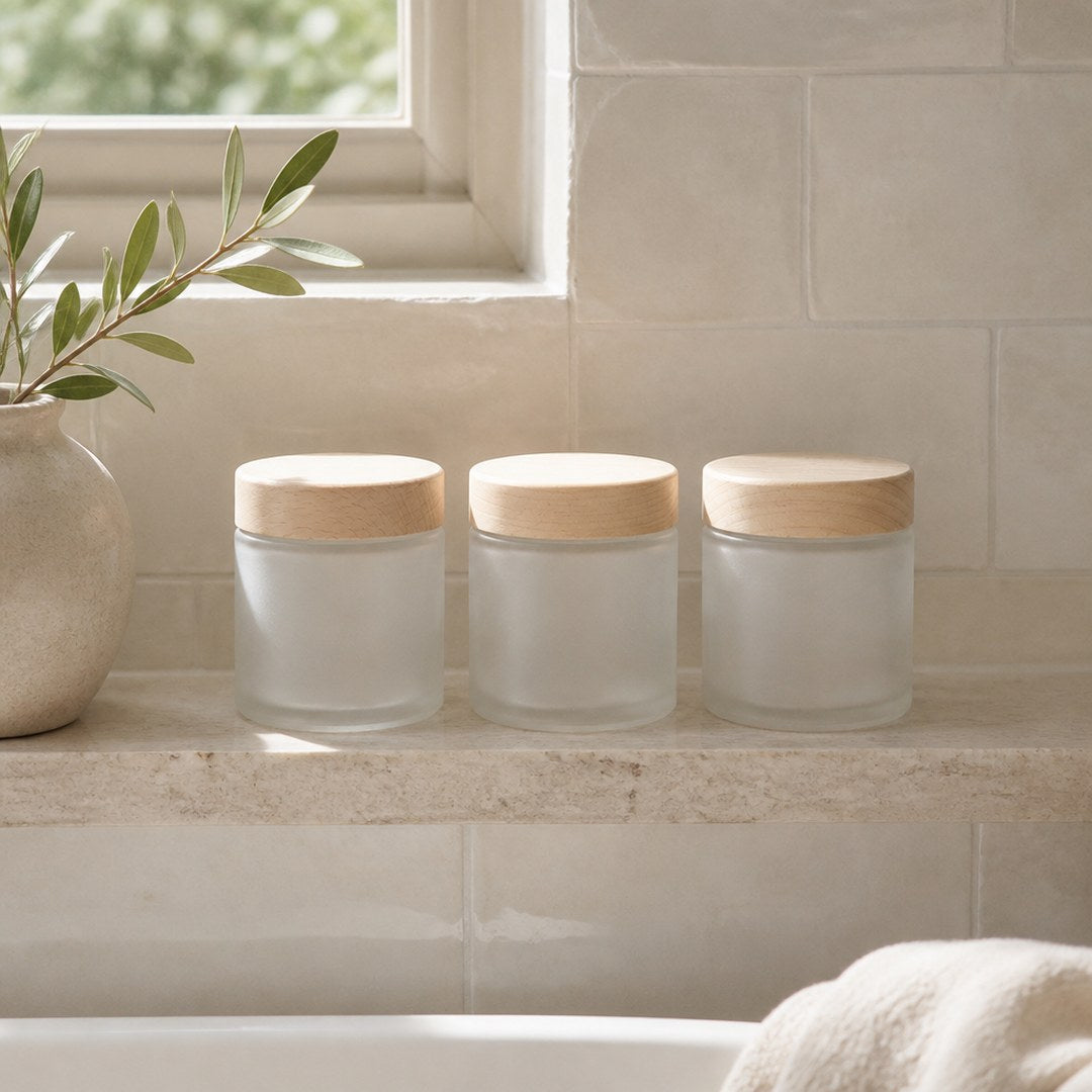 Apothecary jars lined up on a stone bathroom shelf