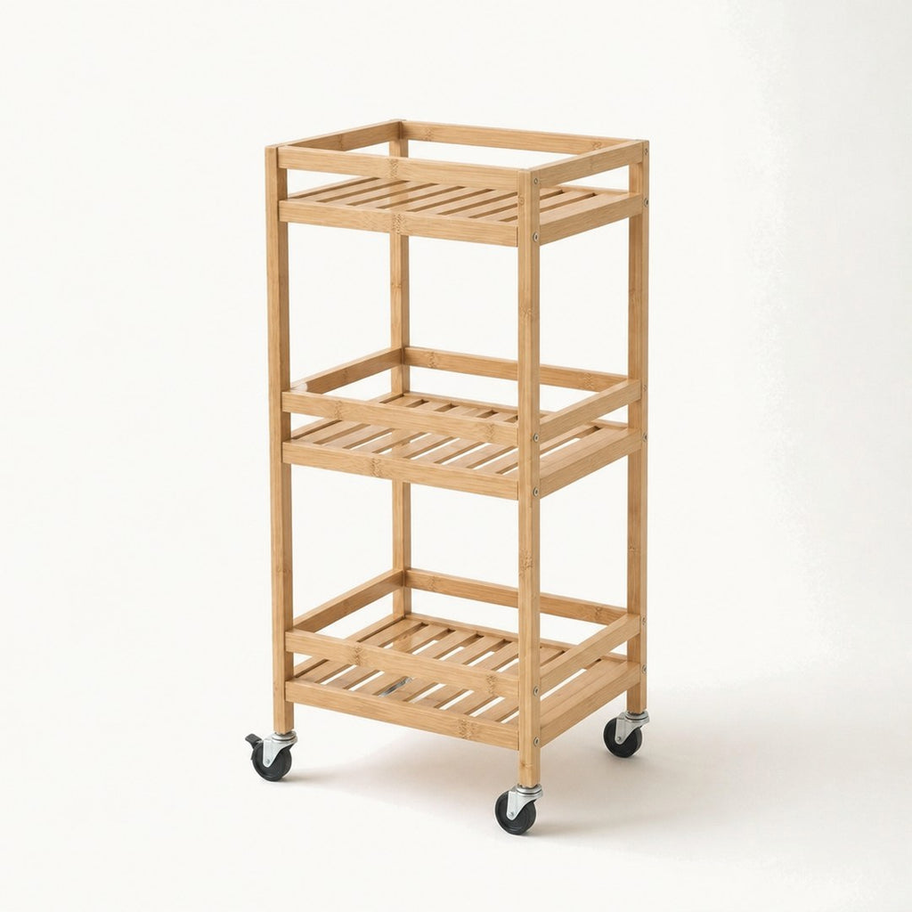Slim bathroom cart from the side showing shelves and casters
