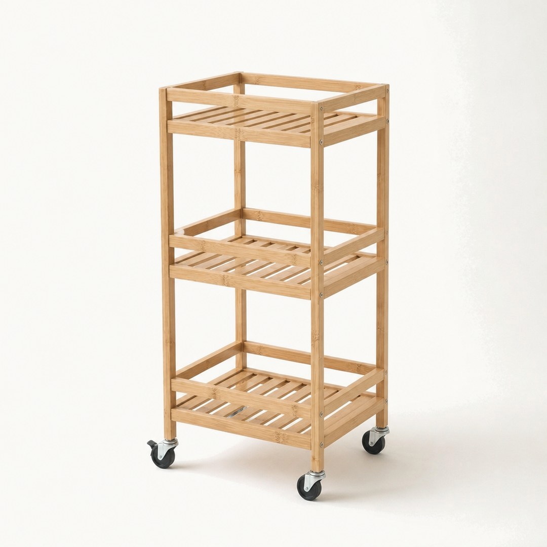 Slim bathroom cart from the side showing shelves and casters