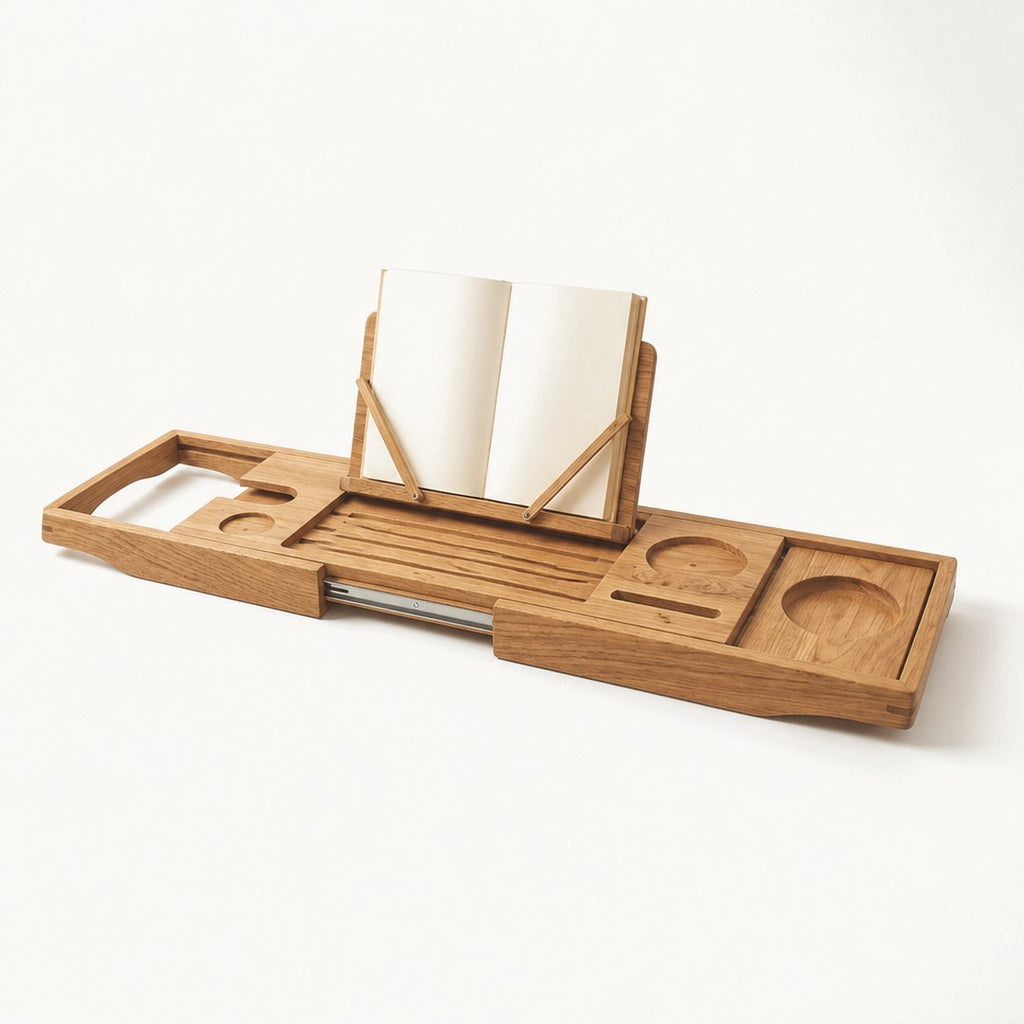 Oak bath caddy from the end showing extendable arms and slatted top