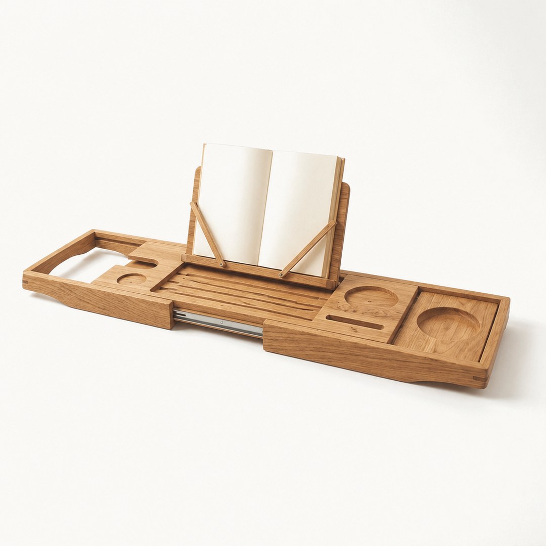 Oak bath caddy from the end showing extendable arms and slatted top