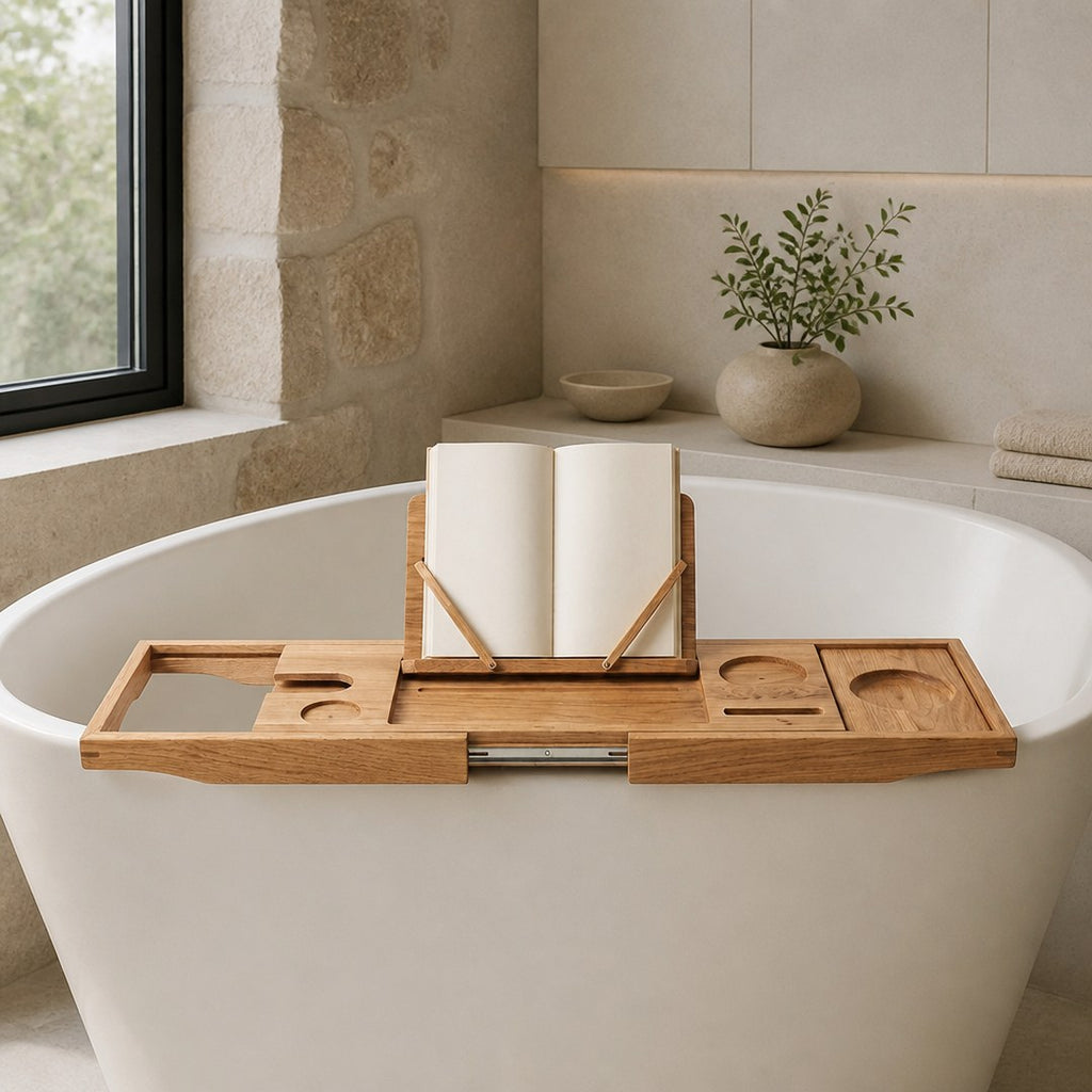Oak bath caddy resting across a freestanding bathtub