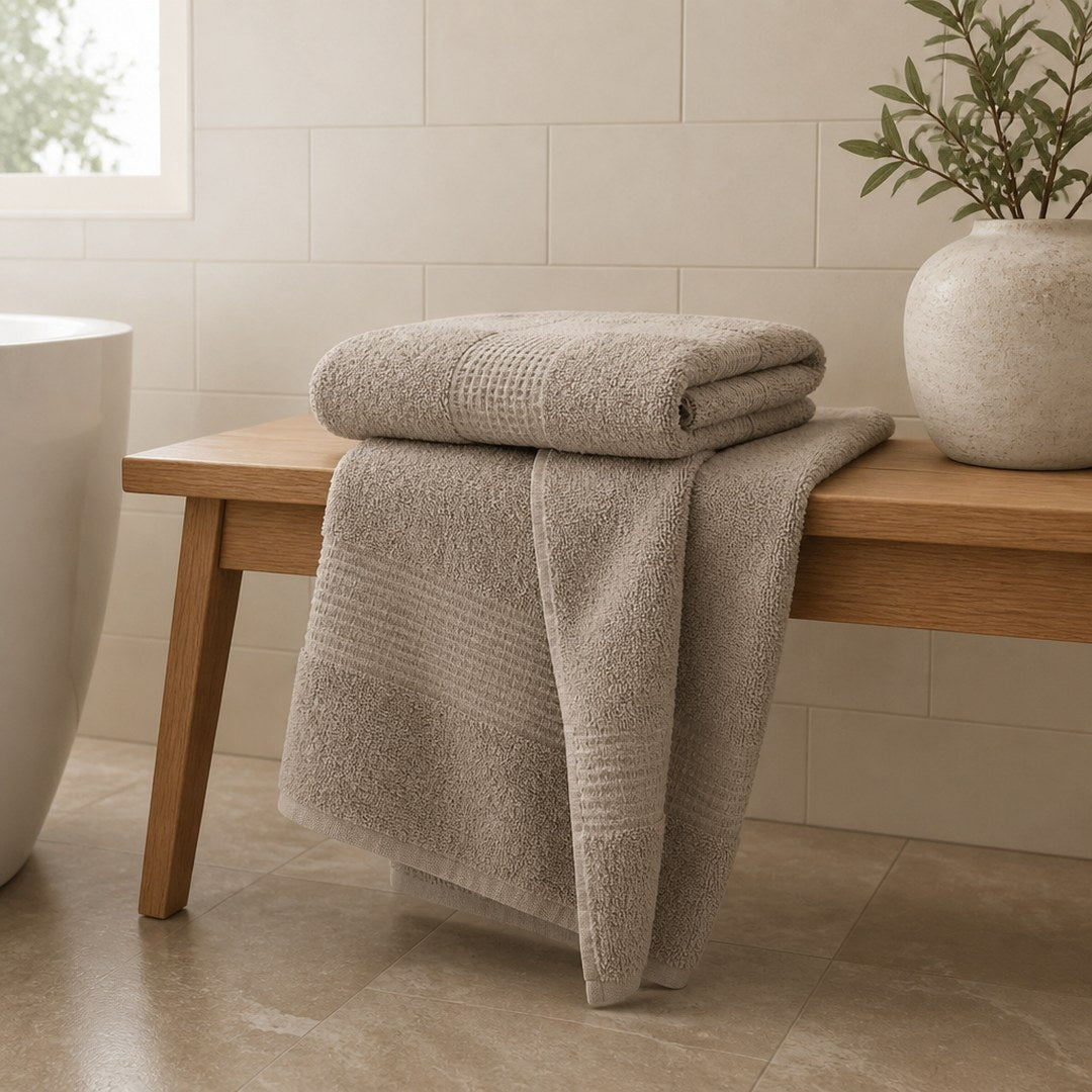 Cotton bath sheets draped over an oak bench in a bathroom