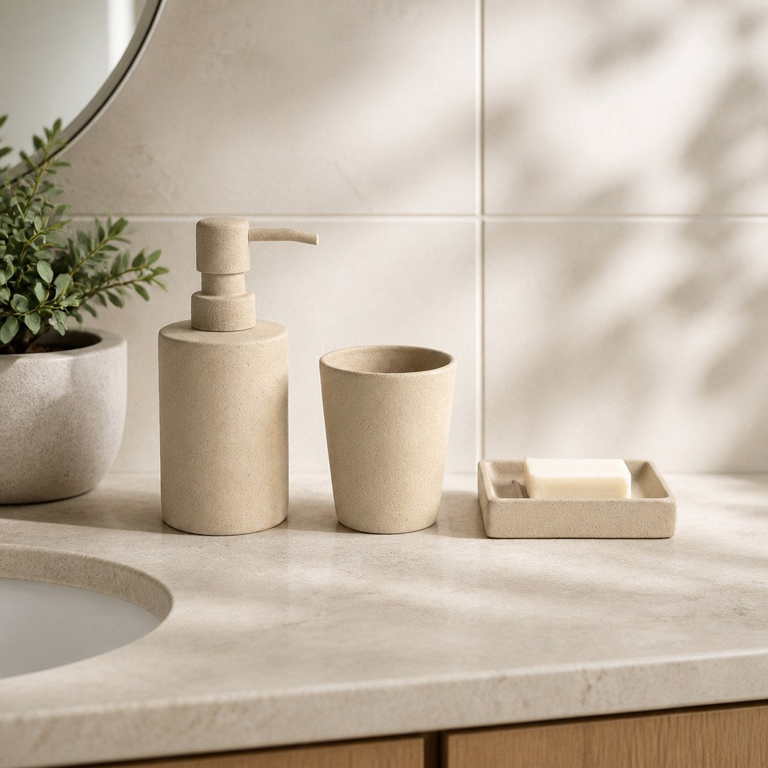 Ceramic bath set arranged on a stone bathroom counter