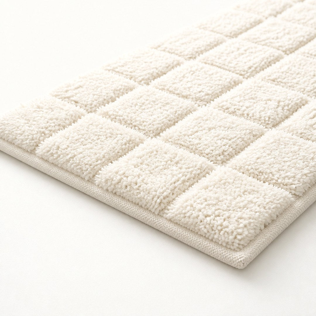 Corner detail of the tufted bath rug pile and bound edge