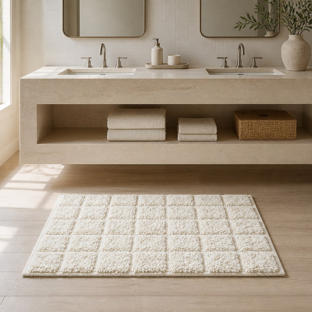 Tufted bath rug on a wood floor in front of a stone vanity