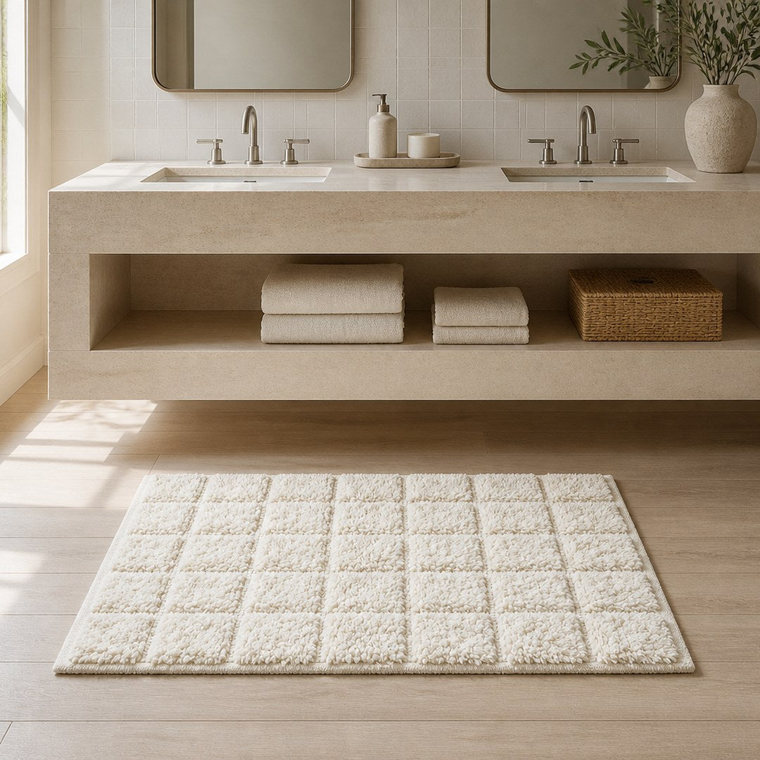 Tufted bath rug on a wood floor in front of a stone vanity