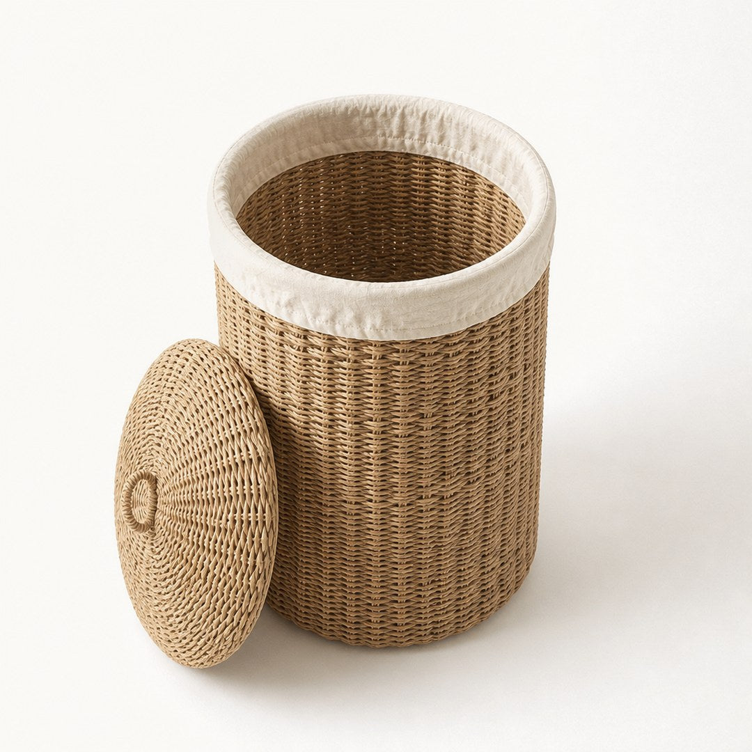 Woven laundry hamper seen from above showing the woven interior