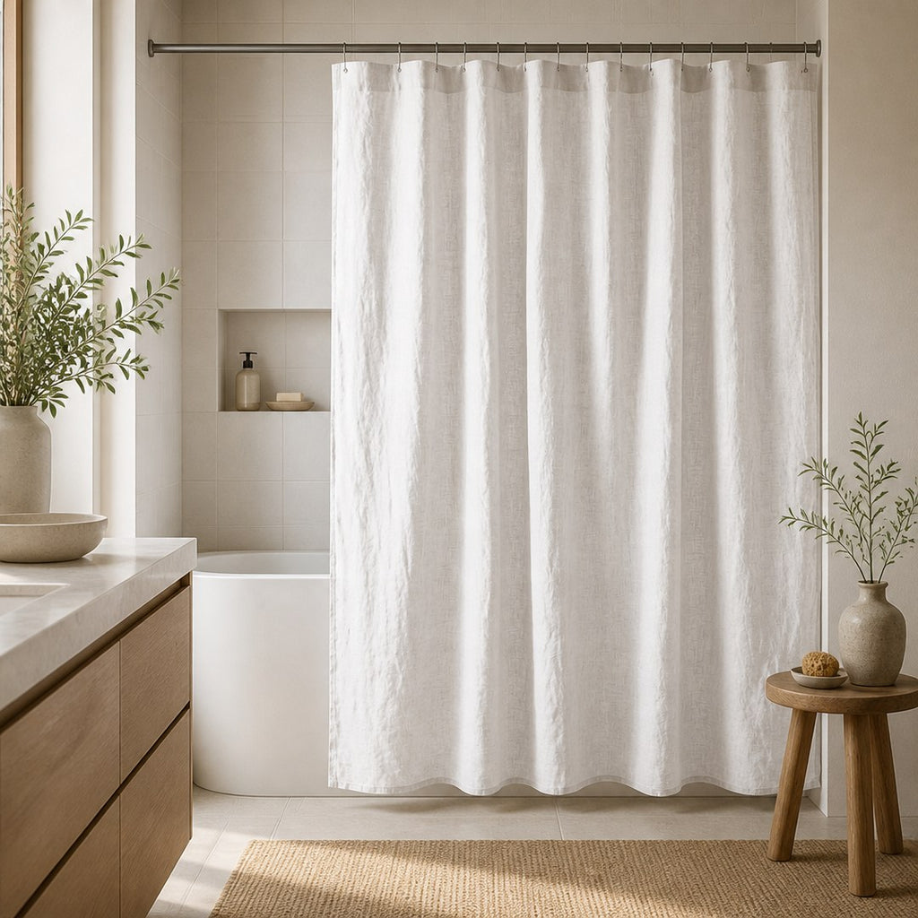 Linen shower curtain hung across an alcove bathtub
