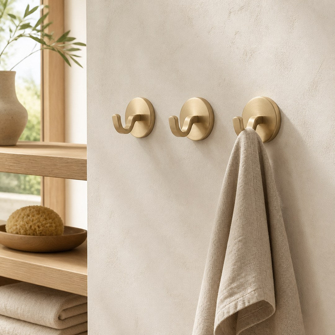 Robe hooks mounted in a row on a plaster bathroom wall
