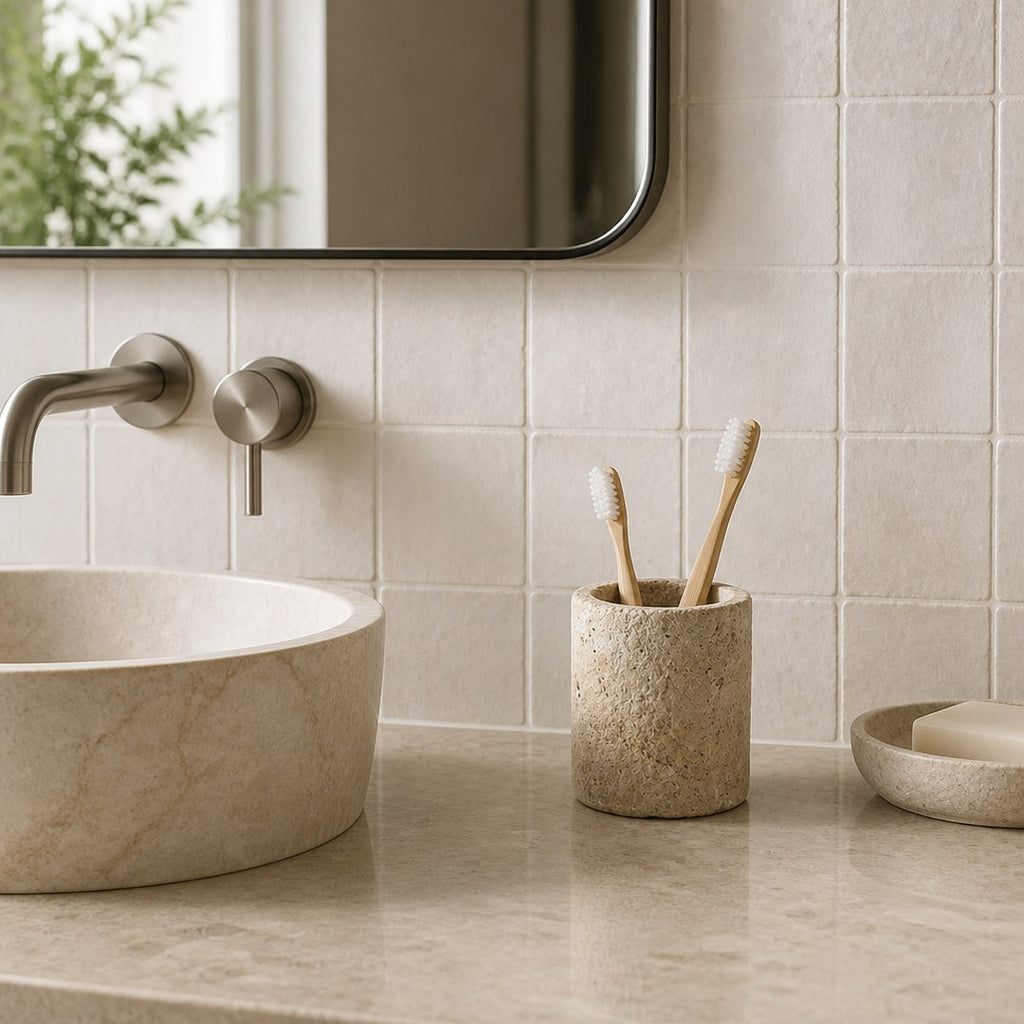 Stone toothbrush holder on a bathroom counter beside a basin