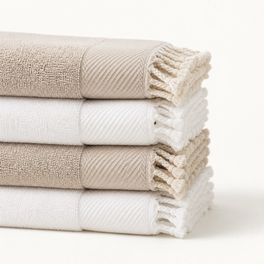 Close-up of Turkish towel weave and knotted fringe