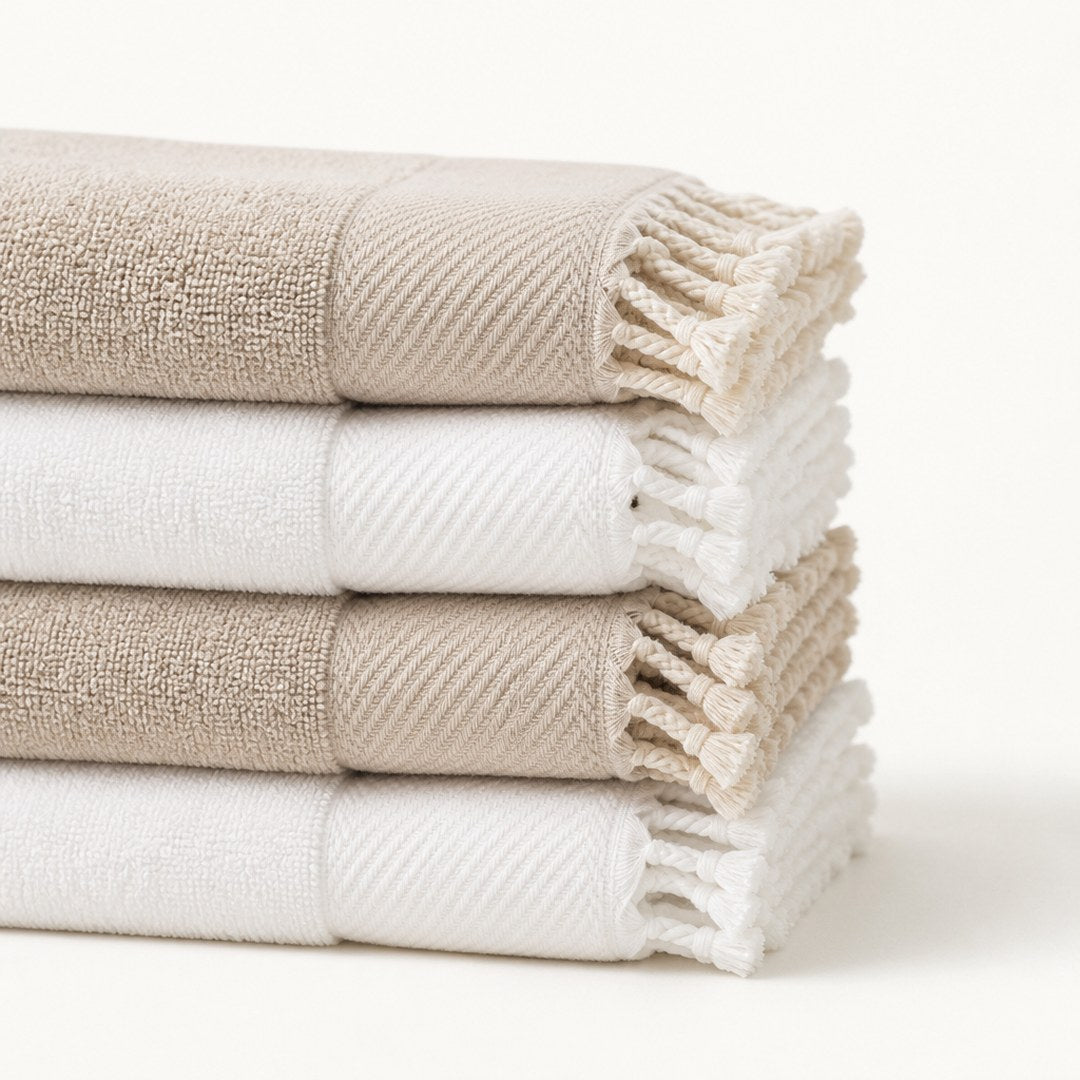 Close-up of Turkish towel weave and knotted fringe