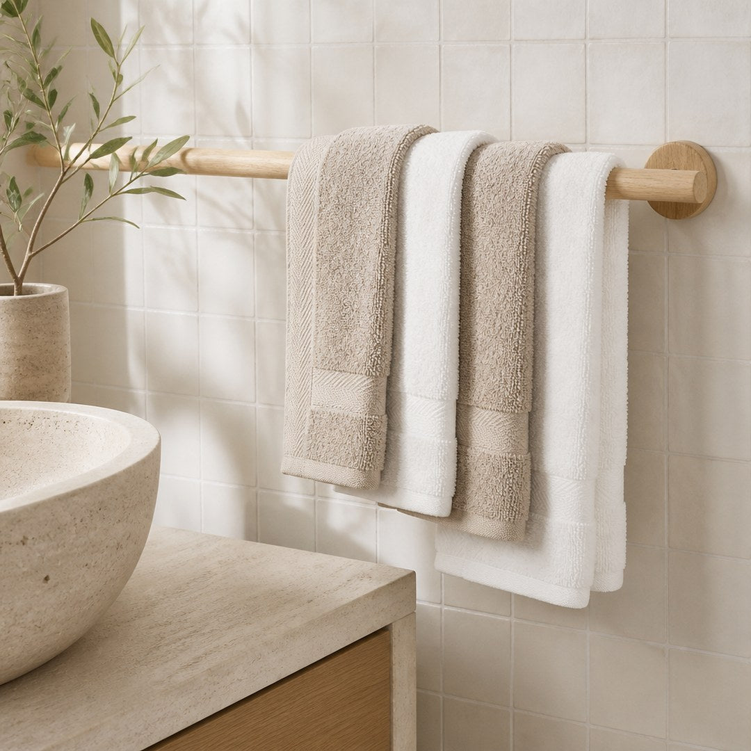 Turkish towels folded over an oak towel bar in a bathroom
