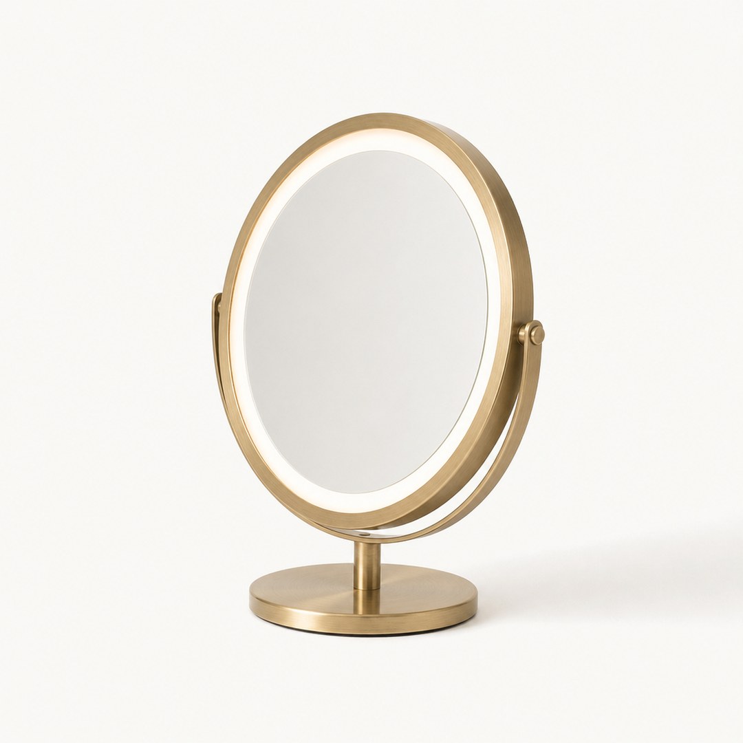 Lit vanity mirror in profile showing frame depth and base