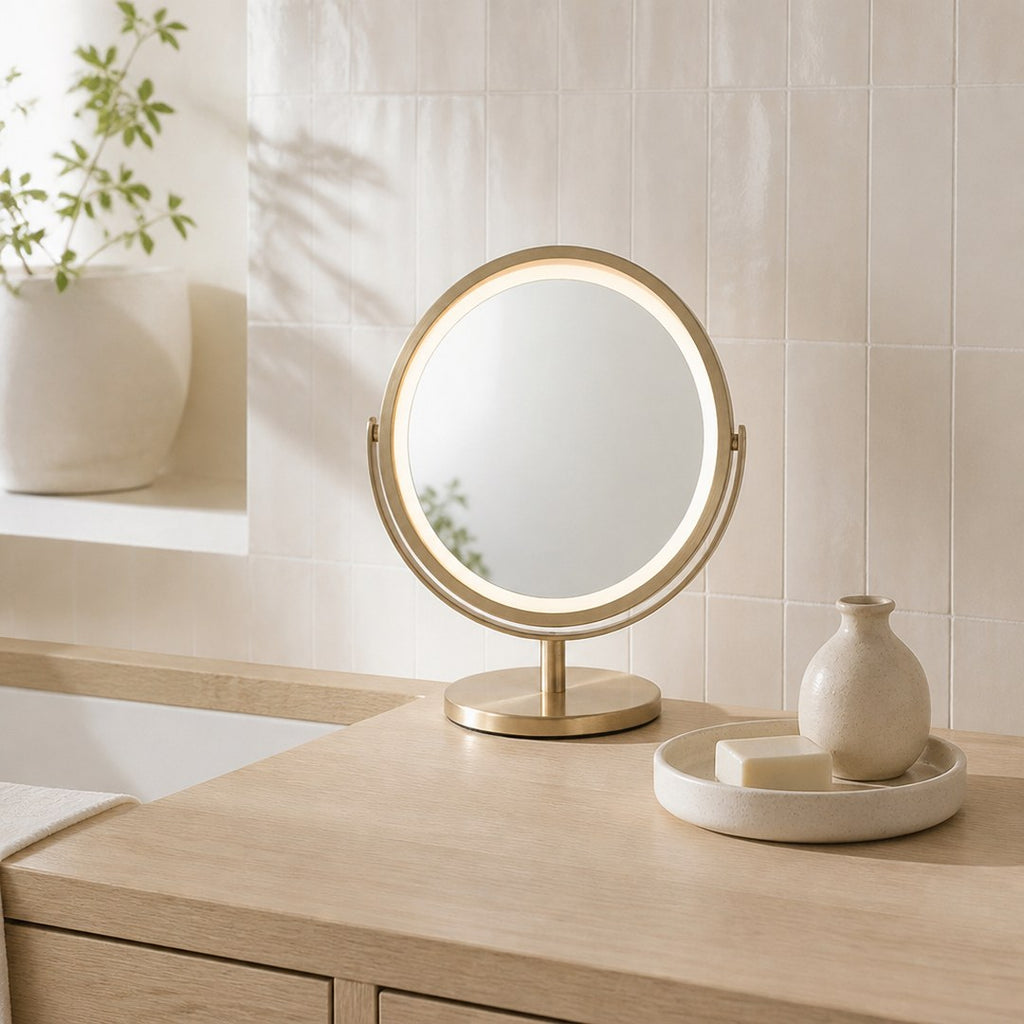 Lit vanity mirror on an oak bathroom vanity
