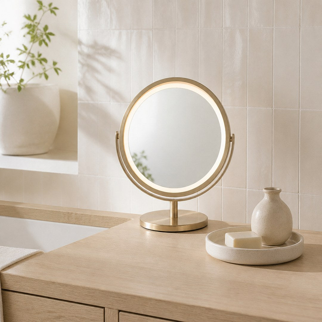 Lit vanity mirror on an oak bathroom vanity