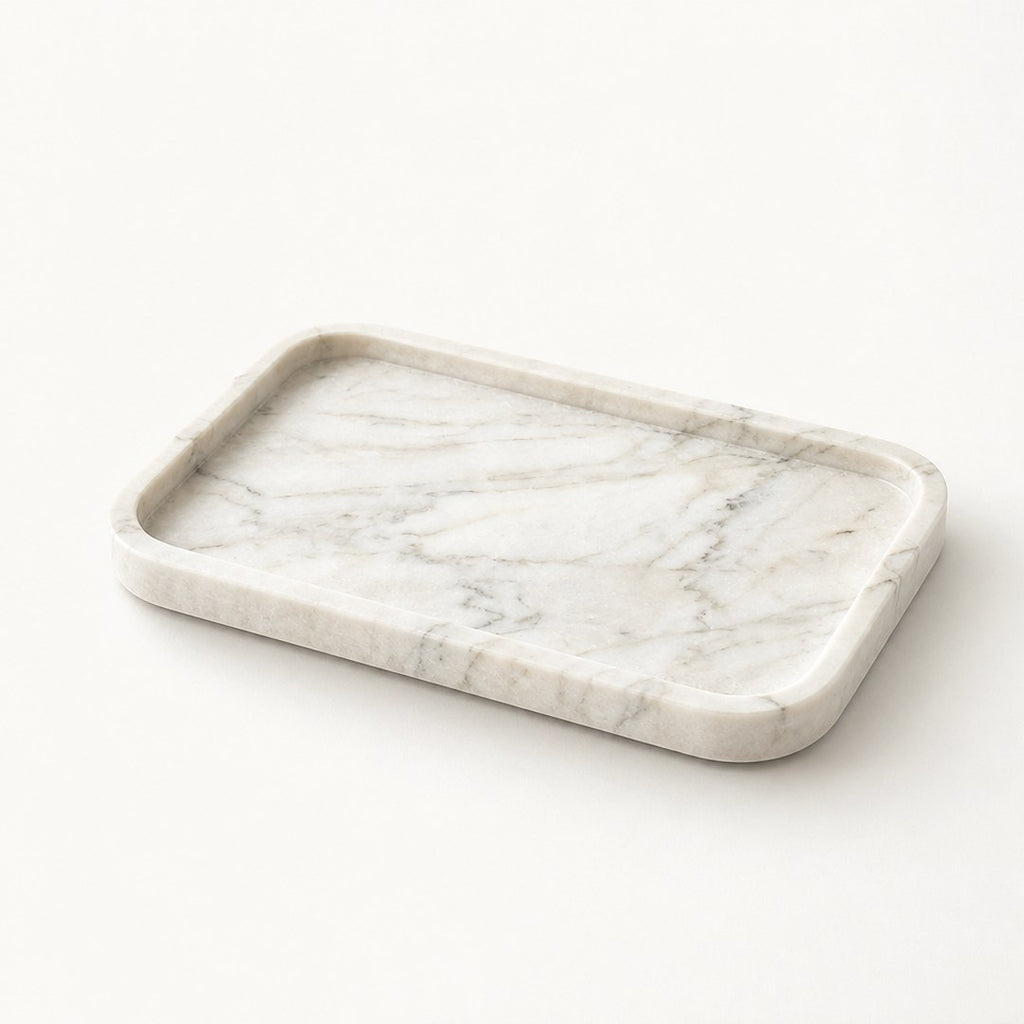 Marble vanity tray edge detail showing slab thickness