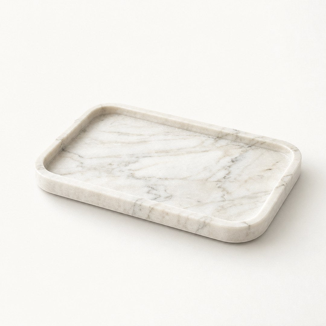 Marble vanity tray edge detail showing slab thickness