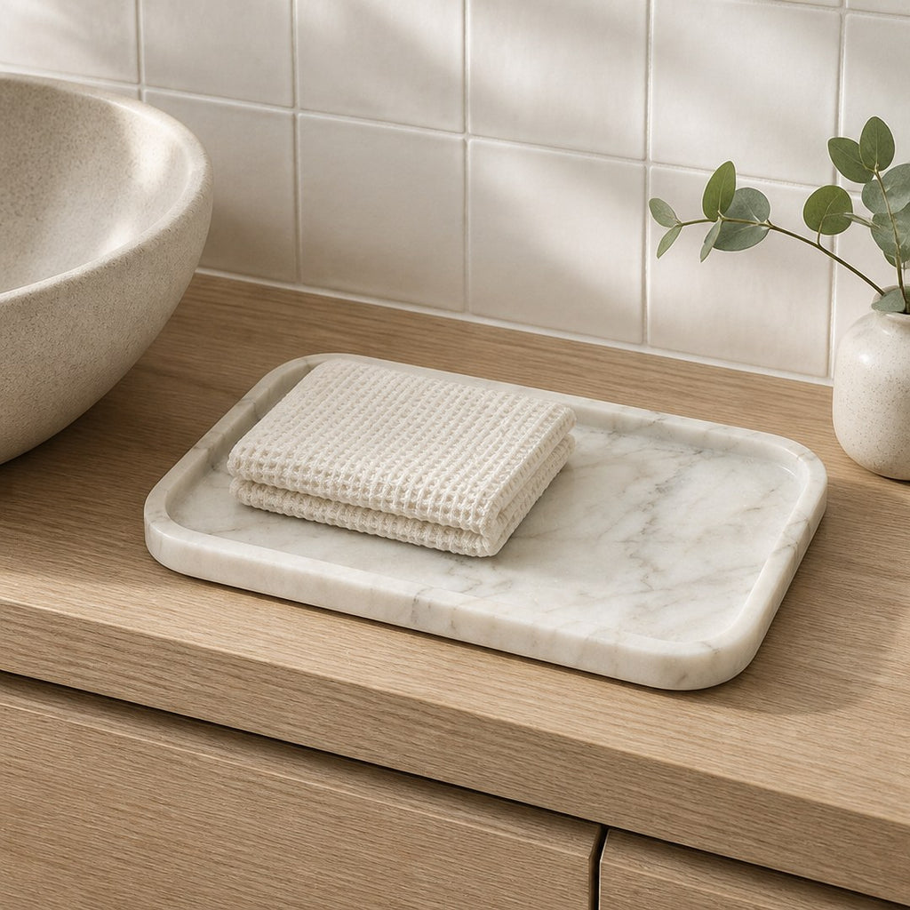 Marble vanity tray on an oak bathroom vanity