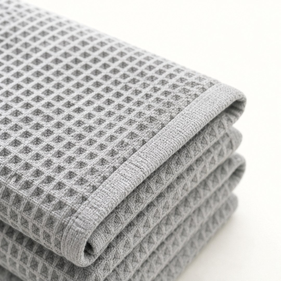 Close-up of waffle towel weave and hemmed border