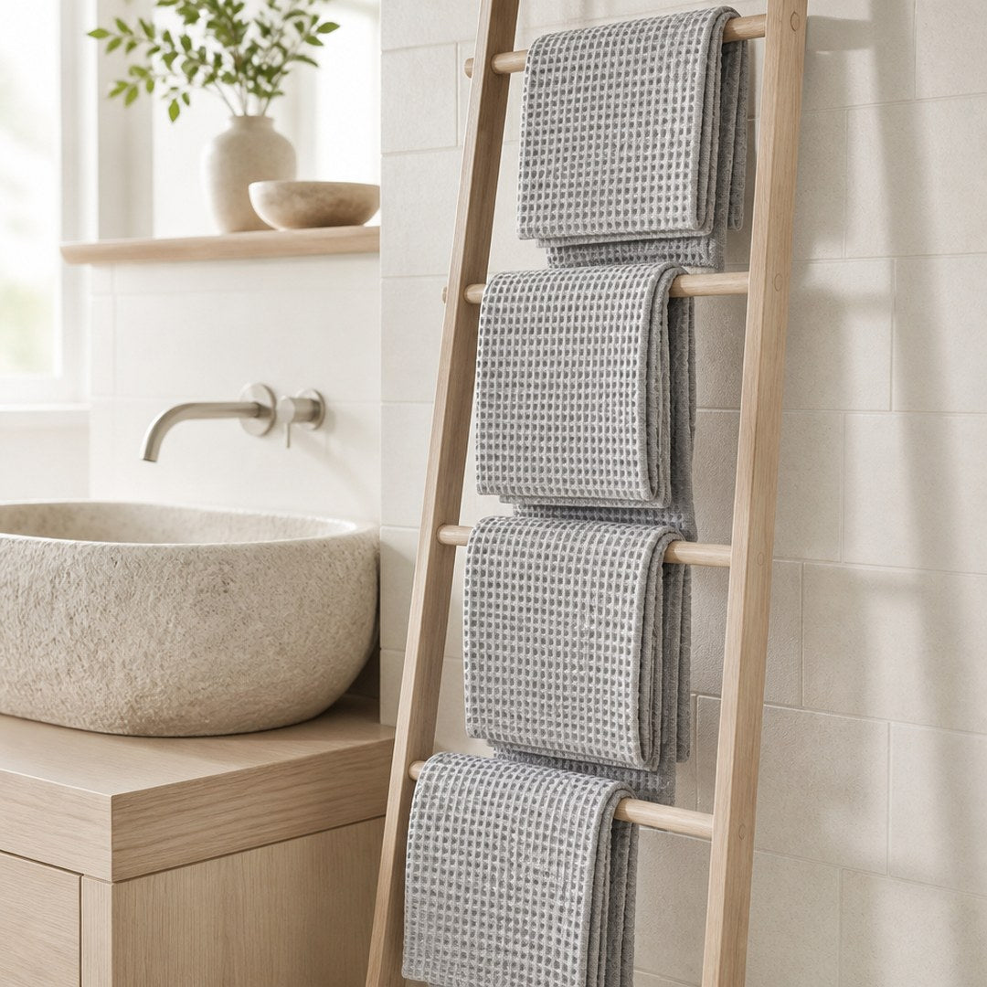 Waffle towels folded on an oak ladder rack in a bathroom