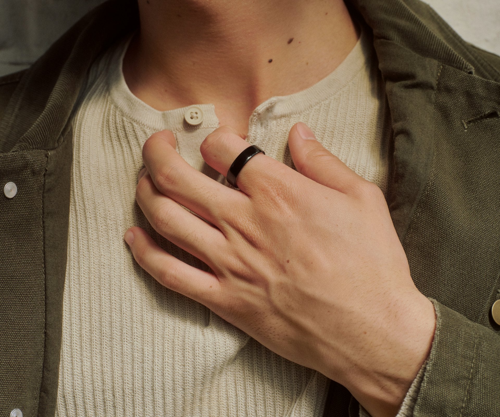 Titanium smart health ring in Black — worn