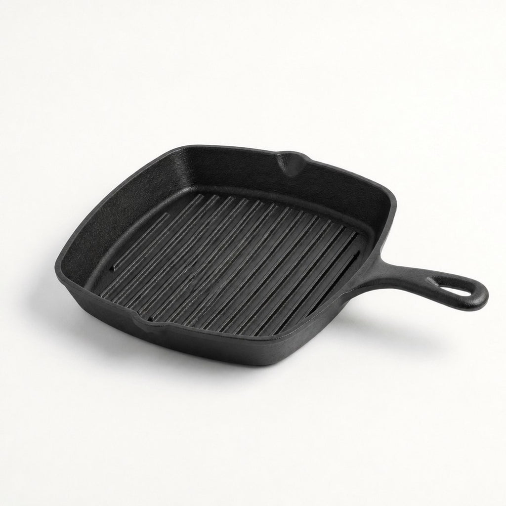 Cast iron grill pan angled view showing the ridged cooking surface
