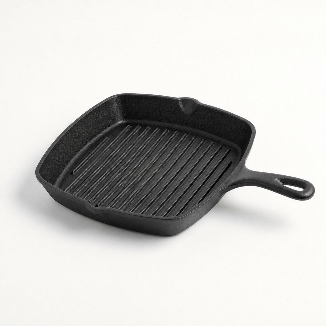 Cast iron grill pan angled view showing the ridged cooking surface