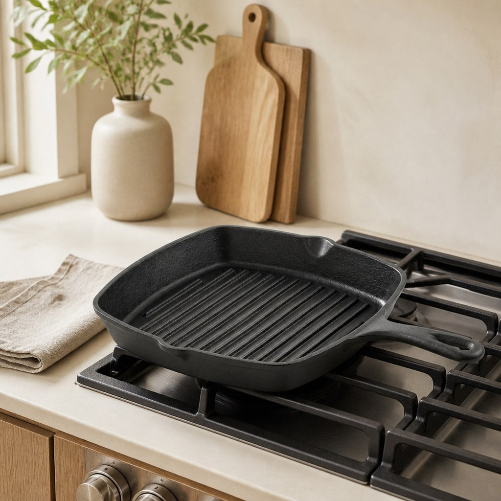 Cast iron grill pan on a kitchen stovetop