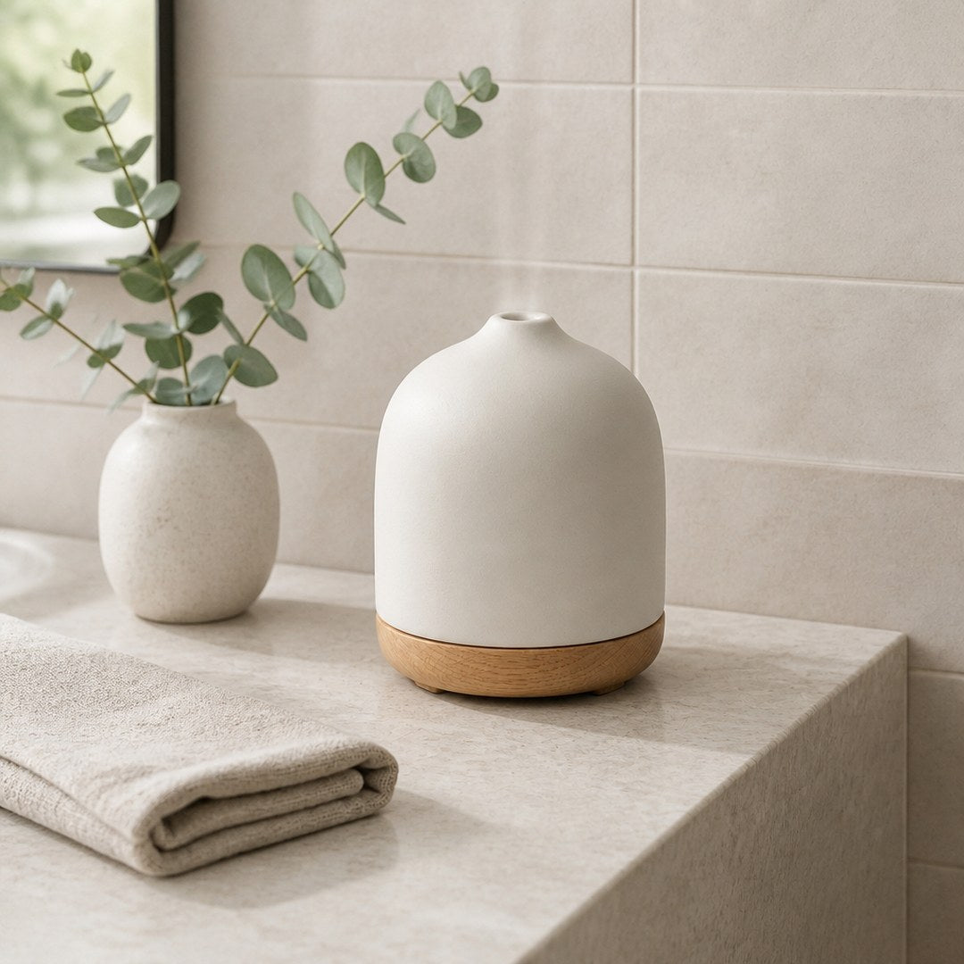 Ceramic oil diffuser on a stone bathroom vanity