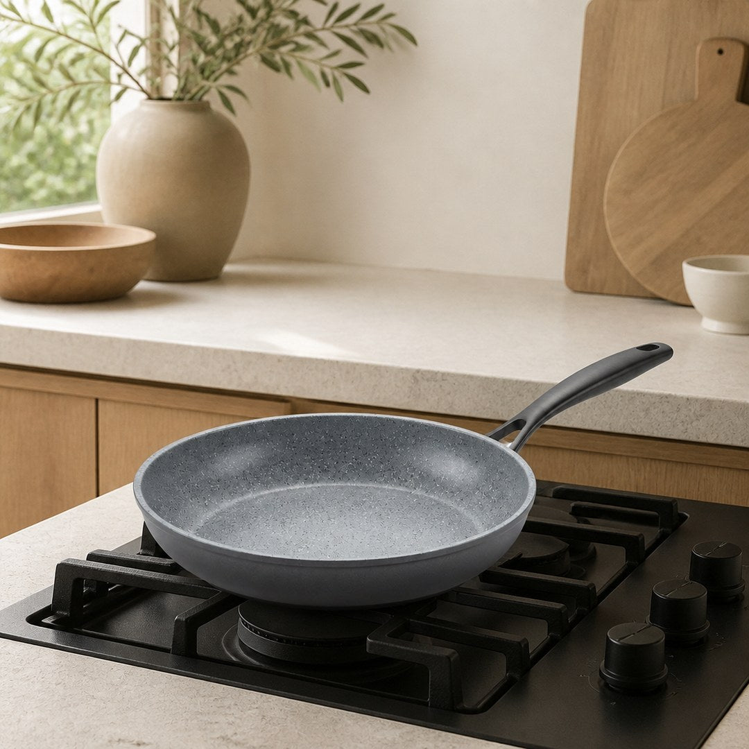 Ceramic nonstick fry pan on a kitchen stovetop