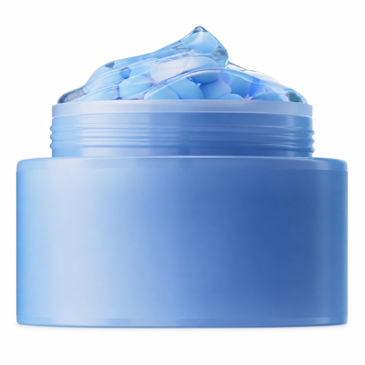 Open blue capsule cream jar with blue capsules