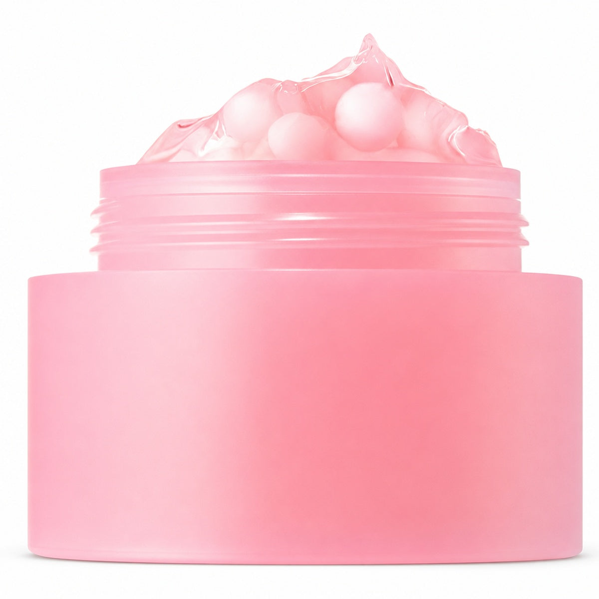 Open pink capsule cream jar with pink capsules