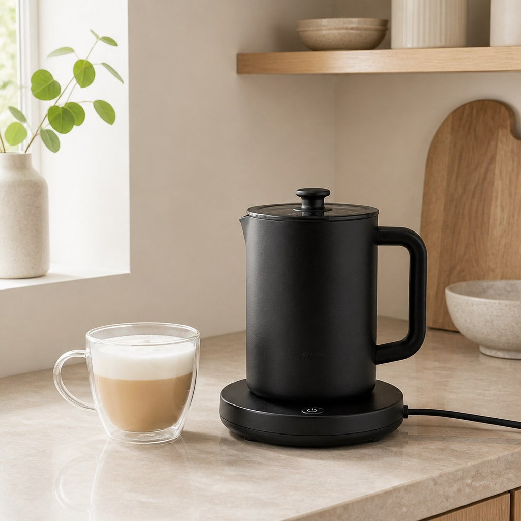 Electric milk frother on a counter beside a latte glass