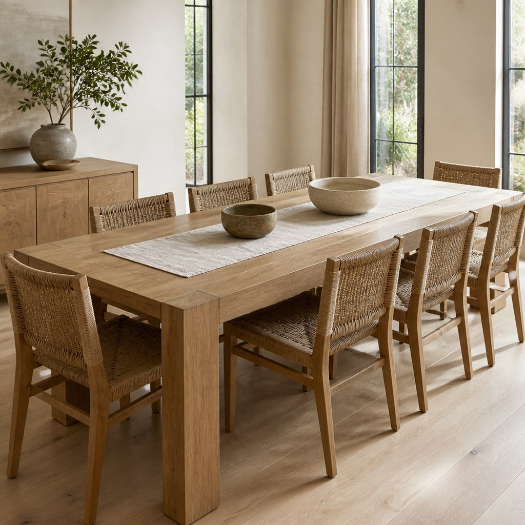 Solid Oak Dining Table set for eight in a dining room
