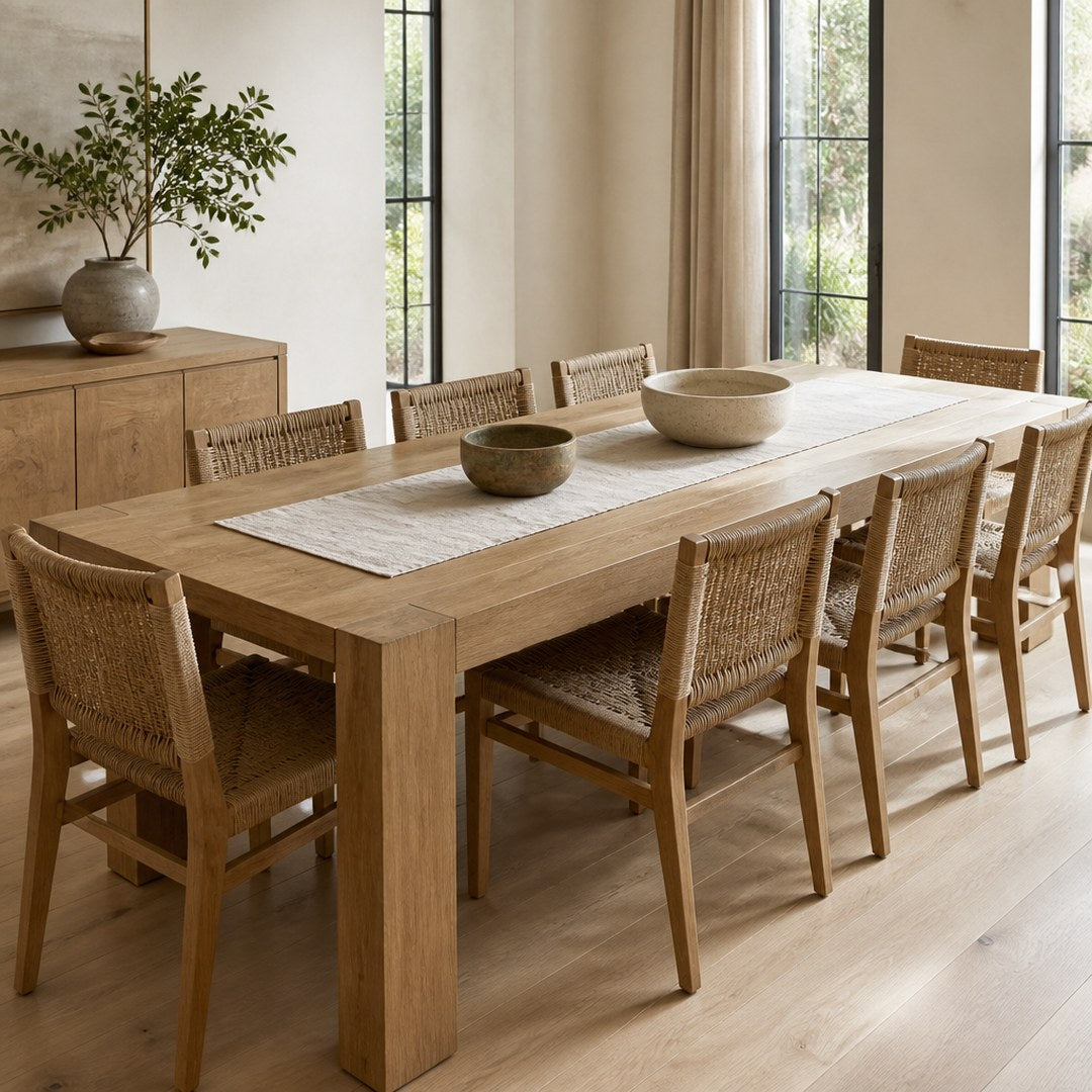 Solid Oak Dining Table set for eight in a dining room