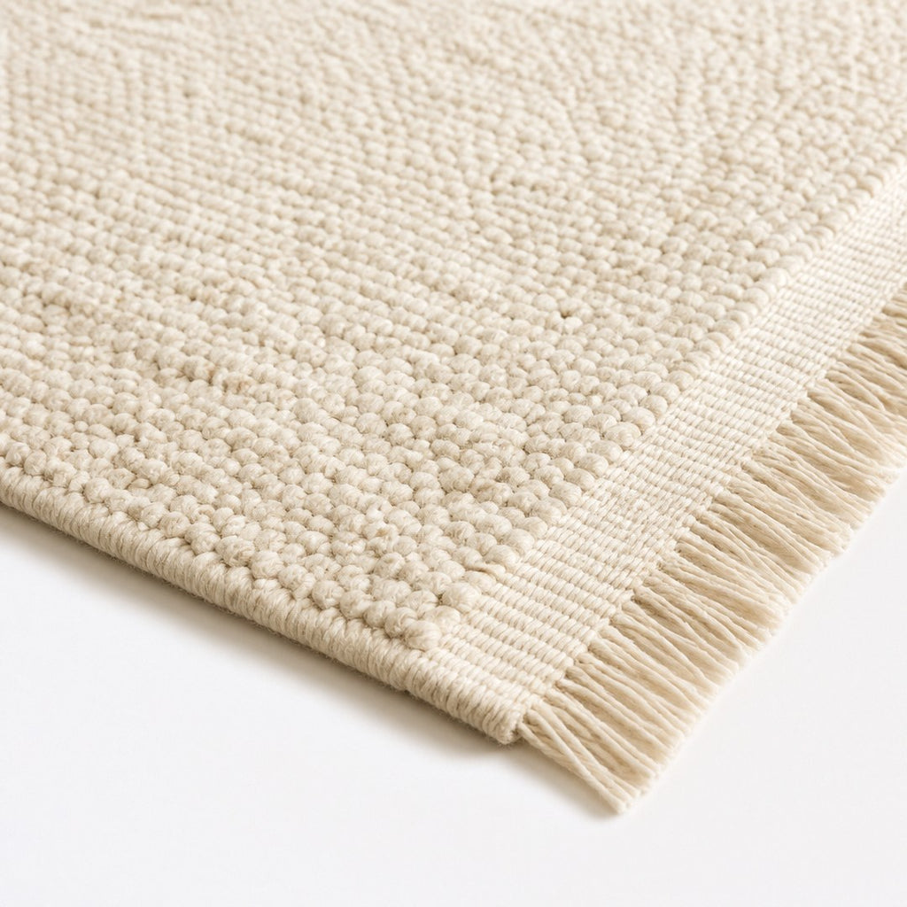 Hand-Knotted Wool Rug, close view of the knots and edge binding