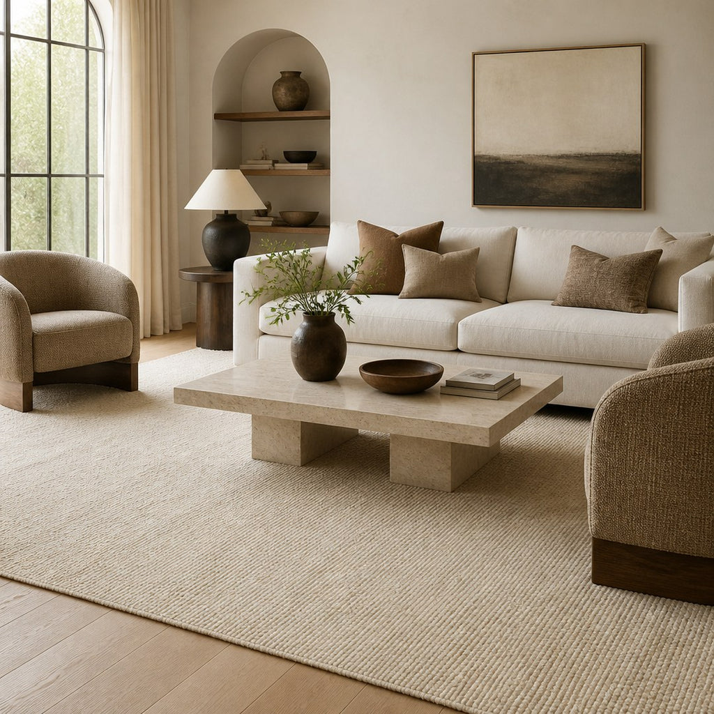 Hand-Knotted Wool Rug under a full living room seating group