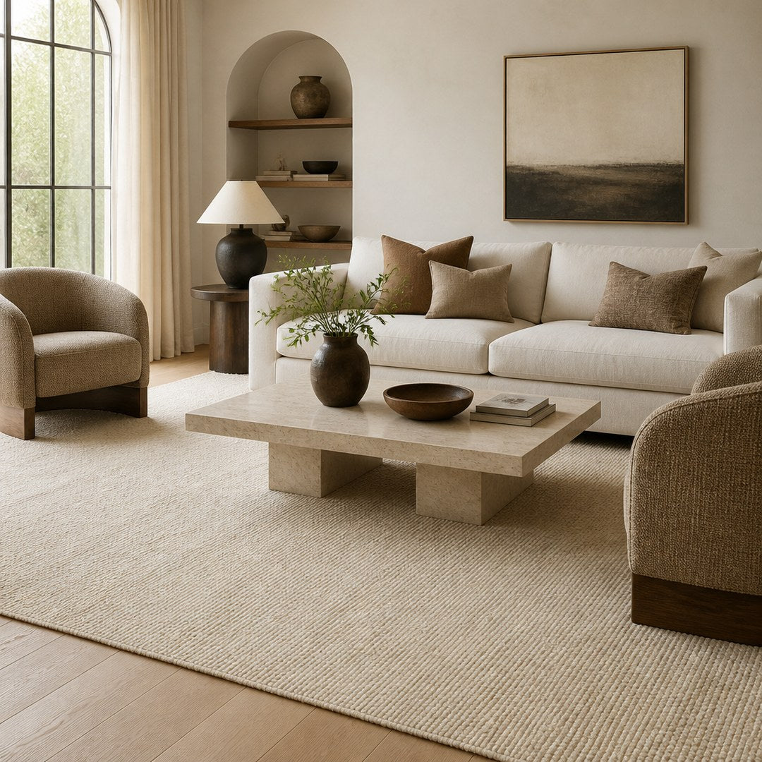 Hand-Knotted Wool Rug under a full living room seating group