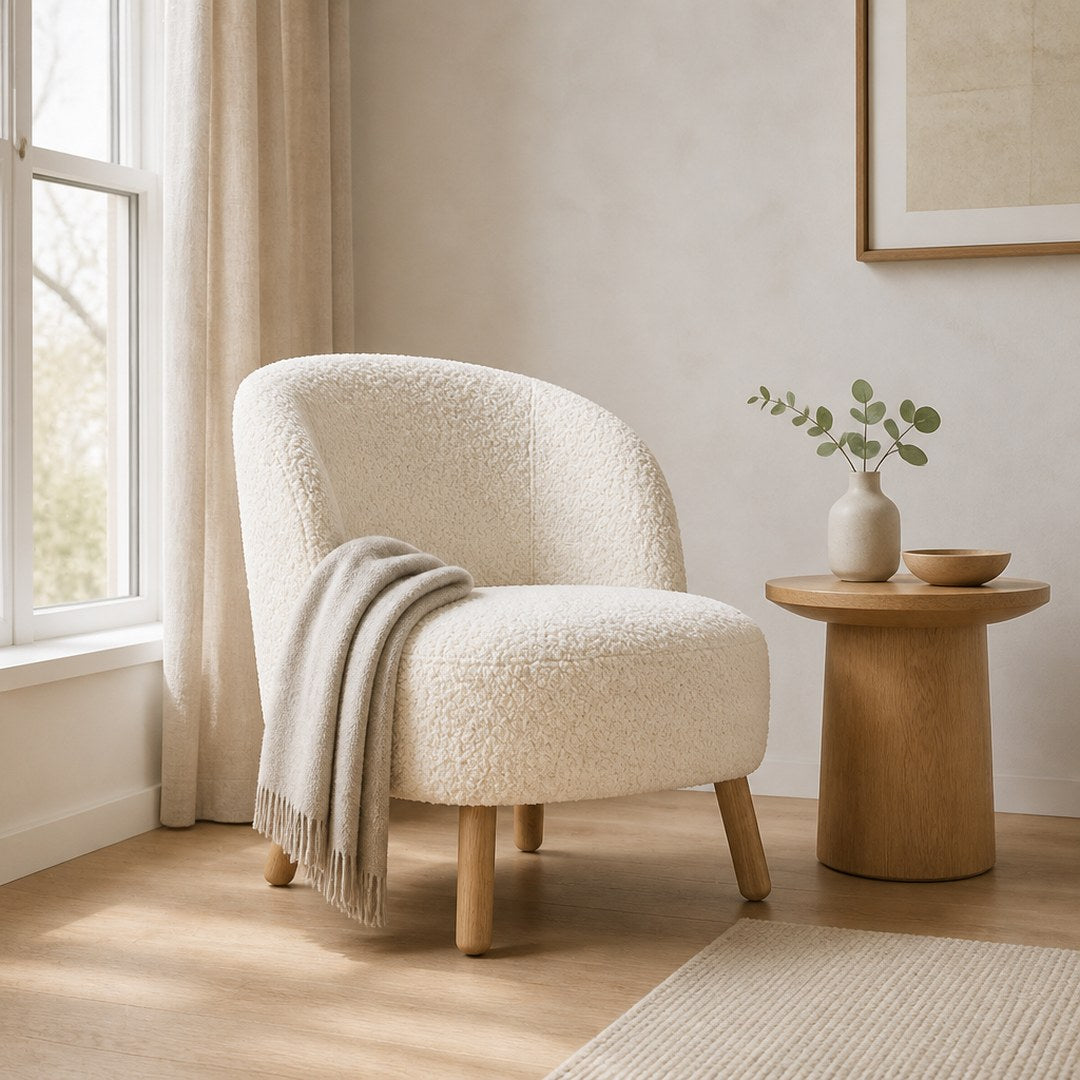 Boucle Accent Chair in a living room corner