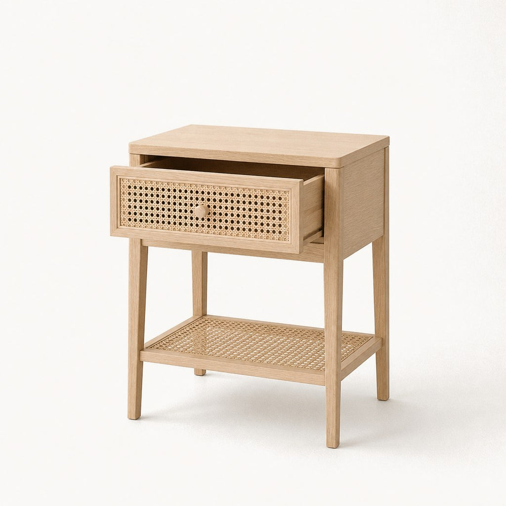 Cane Nightstand with the drawer open