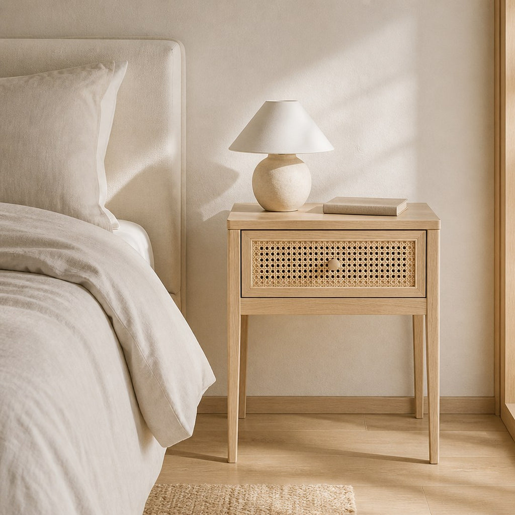 Cane Nightstand beside a linen bed