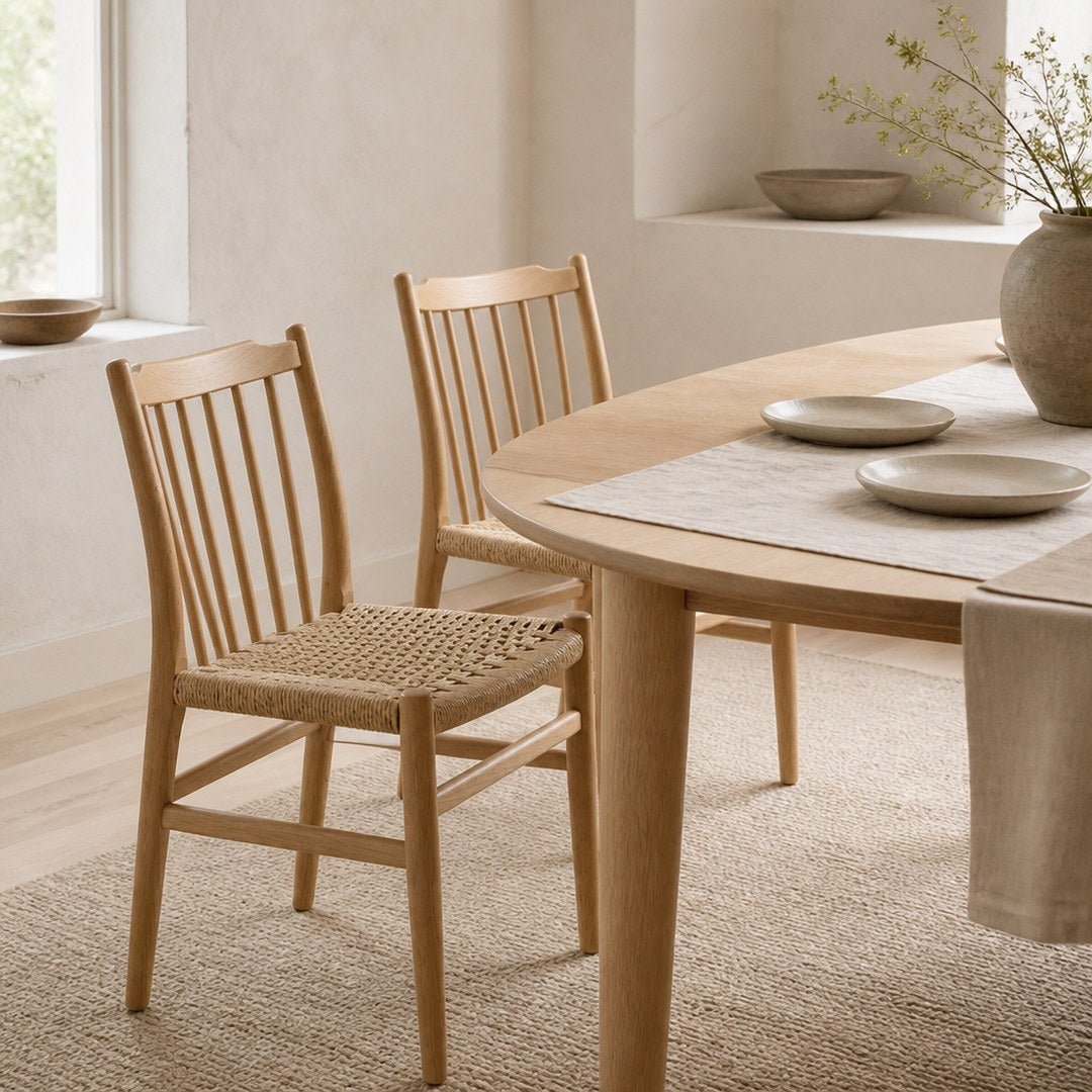 Woven Dining Chairs at an oak dining table