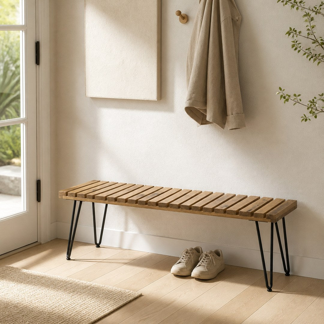 Entryway Bench in a hallway with shoes underneath